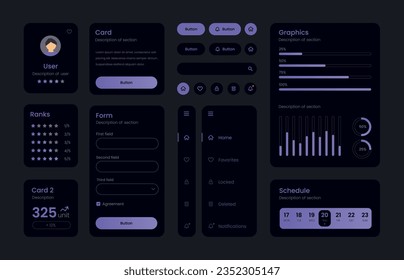 DarkCollection of gradient ui ux elements. Ux dashboard user panel template. User interface, experience. UI elements to book the app.