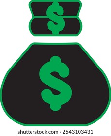 A dark-colored money bag with a green dollar sign on it. A dollar sign is also on the top.
