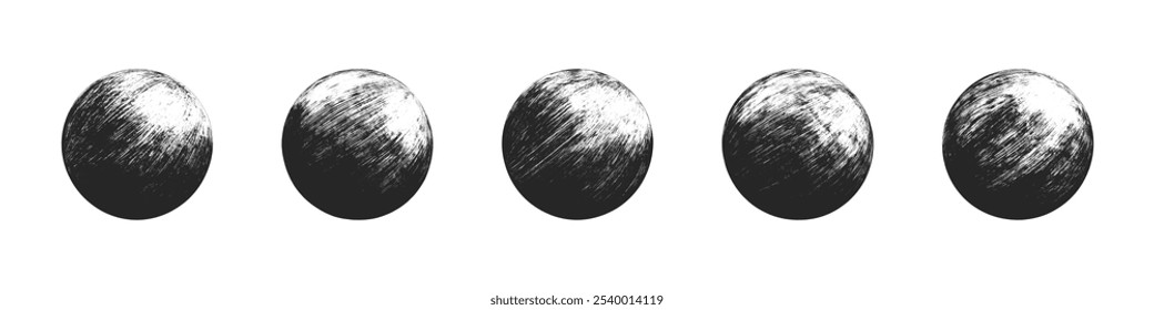 Darkened 3D Sphere with Different Hand Drawn Black Ink Rough Etching Vector Set Isolate Clip Art on White Background. Grungy Handdrawn Engraving Circles Cut Out Clip Art Collection for Design Projects