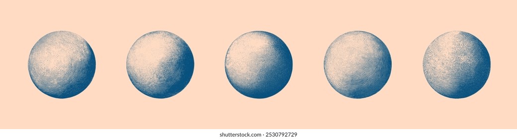 Esferas 3D escurecidas com um conjunto de vetor de gravura desenhado à mão diferente isolado no fundo claro. Vintage estilo handdraw gravura círculos recortar coleção de clip-art. Ilustração de arte de incubação de tinta azul