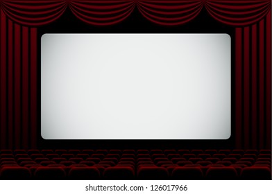 Darkened cinema hall background with blank screen. EPS10 vector.