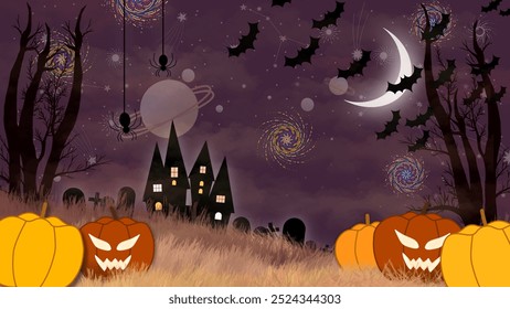 Eine dunklere, mystischere Halloween-Szene mit einer albtraumhaften Stimmung. Diese Illustration zeigt ein spukhaftes Haus mit leuchtenden Fenstern, die gegen einen stimmungsvollen, tiefen violetten Himmel gerichtet sind. 