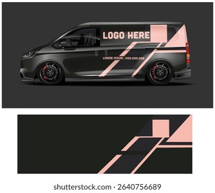 Dark-grey van mockup with peach and black geometric design. Perfect for branding and advertising.