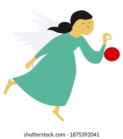 Dark-haired angel in a blue robe holding a Christmas bauble