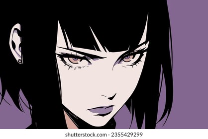 Una mujer de anime fría de pelo oscuro con pelo corto. Ilustración vectorial del estilo de la historieta retro.