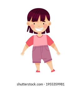 Dark-haired Asian Girl Standing and Smiling Vector Illustration