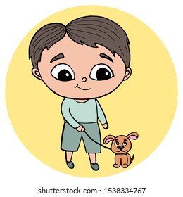 A dark-haired boy with a puppy on a leash. Vector. Hand drawn. Delicate colors. Isolated on white background. Round badge.