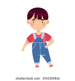 Dark-haired Boy Standing in Jumpsuit and Smiling Vector Illustration