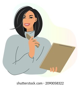 Dark-haired business woman or psychologist smiling while holding mobile phone and tablet in hand. Nice girl - office worker, professional or freelancer. Isolated vector design. Cartoon flat style.