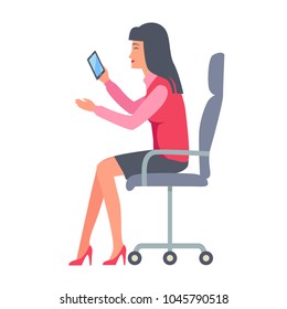 Dark-haired Businesswoman Sitting In Black Chair With Wheels And Holding Mobile Phone In One Hand. Vector Illustration Of Startup.