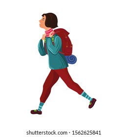 Dark-haired camper girl in the sweater with a backpack. Vector illustration in flat cartoon style.