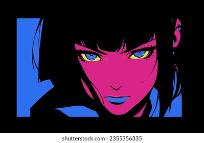 Dark-haired cool anime woman with short haircut in neon colors. Manga comics style vector illustration.