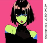 Dark-haired cool gothic anime woman with short haircut in neon colors. Manga comics style vector illustration.