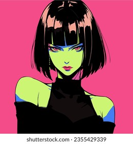 Dark-haired cool gothic anime woman with short haircut in neon colors. Manga comics style vector illustration.