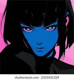 Dark-haired cool gothic anime woman with short haircut in neon colors. Manga comics style vector illustration.