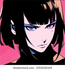 Dark-haired cool gothic anime woman with short haircut in neon colors. Manga comics style vector illustration.