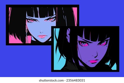 Dark-haired cool gothic anime woman with short haircut in neon colors. Manga comics style vector illustration.