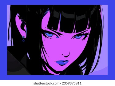 Dark-haired cool gothic anime woman with short haircut in neon colors. Manga comics style vector illustration.