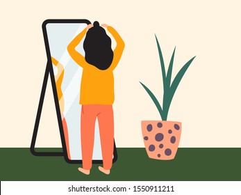 Dark-haired girl doing half up top knot in front of a mirror. Woman wearing comfy clothes at home getting ready to go out. Flat vector illustration