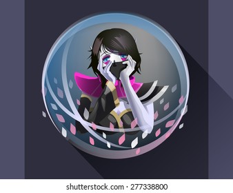 The dark-haired girl holding a mask over her face in the vector 