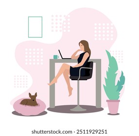 A dark-haired girl sits at a table on a high chair with a cup of coffee in front of a laptop, next to a dog and a houseplant. Template for depicting remote work, communication on social networks.