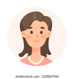Dark-haired girl wearing pink avatar cartoon illustration. Face or portrait of cute happy user of social networks in circle on white background. Cyberspace, diverse concept