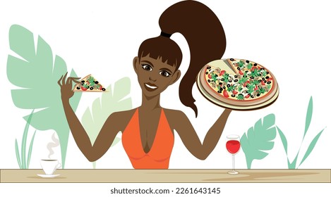 A dark-haired latin woman holds up a of deliciously flavoured pizza. The drool is flowing.
