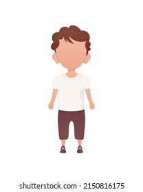 Dark-haired little boy, preschool age in a t-shirt and shorts. Isolated. Vector illustration in cartoon style.