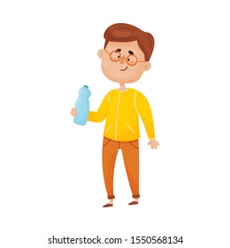 Dark-haired Man Character Standing and Holding a Bottle of Water Vector Illustration