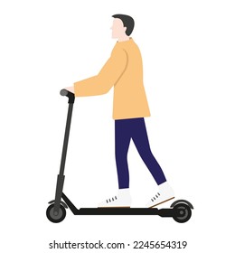 A dark-haired man in a light orange jacket and blue trousers on an electric scooter. Vector illustration