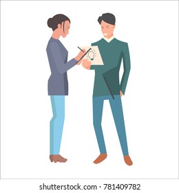 Dark-haired man speaking about new idea and holding paper, woman recording on tablet. People standing on white background. Vector illustration of startups web banner flat design cartoon style.