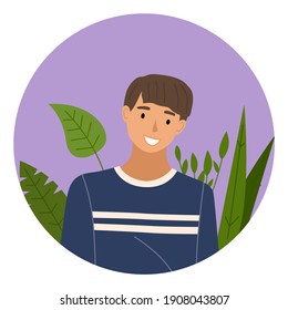 Dark-haired man is standing on the picture. Male character is showing his smile. Man in dark blue sweater is posing on photo. Forest with trees round frame illustration, isolated on white background
