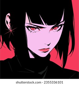 Dark-haired and red-eyed cool anime woman with short haircut. Retro comic book style vector illustration.