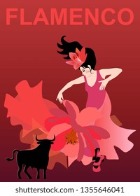 
Dark-haired Spanish woman dressed in a red dress dancing flamenco on a red background. Black bull as unofficial symbol of Spain. Beautiful card, poster.