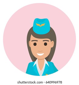 Dark-haired stewardess in blue uniform posing close-up in round web button avatar on white background vector illustration.