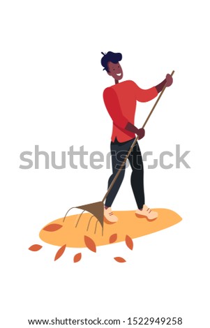 Dark-haired volunteer guy sweeping autumn leaves.Stock vector.