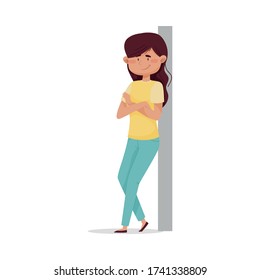 Dark-haired Woman with Crossed Arms Leaning Against the Wall and Smiling Vector Illustration