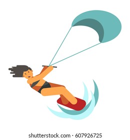 Dark-haired woman practices kiteboarding flat design on white background. Athletic girl skates on red board and clings blue parachute. Vector illustration of extreme sports on water web banner.