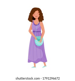 Dark-haired Woman Wearing Long Dress and Bag Standing Vector Illustration