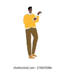 The dark-haired young man in a yellow shirt standing with a glass of water. Vector illustration in cartoon style.