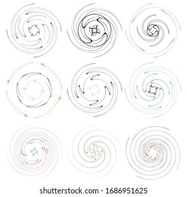 Darkish, dark set of spiral, twirl and swirl shapes. Volute, helix abstract design elements. Spire, sworl illustration