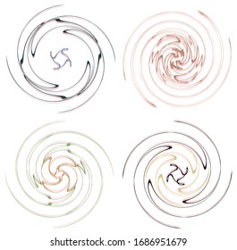 Darkish, dark set of spiral, twirl and swirl shapes. Volute, helix abstract design elements. Spire, sworl illustration