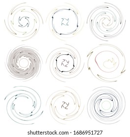 Darkish, dark set of spiral, twirl and swirl shapes. Volute, helix abstract design elements. Spire, sworl illustration