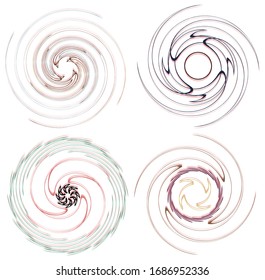 Darkish, dark set of spiral, twirl and swirl shapes. Volute, helix abstract design elements. Spire, sworl illustration