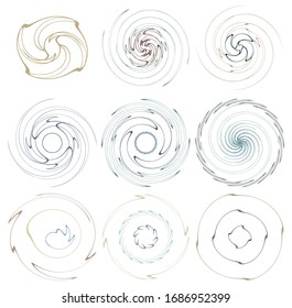 Darkish, dark set of spiral, twirl and swirl shapes. Volute, helix abstract design elements. Spire, sworl illustration