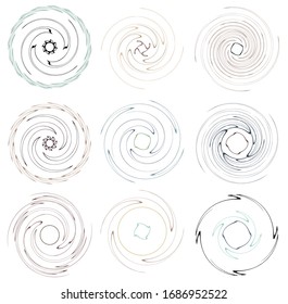 Darkish, dark set of spiral, twirl and swirl shapes. Volute, helix abstract design elements. Spire, sworl illustration