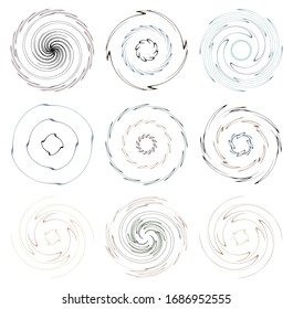 Darkish, dark set of spiral, twirl and swirl shapes. Volute, helix abstract design elements. Spire, sworl illustration