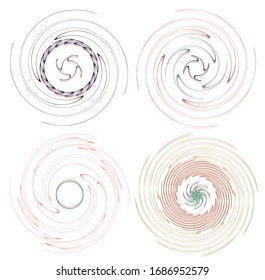 Darkish, dark set of spiral, twirl and swirl shapes. Volute, helix abstract design elements. Spire, sworl illustration