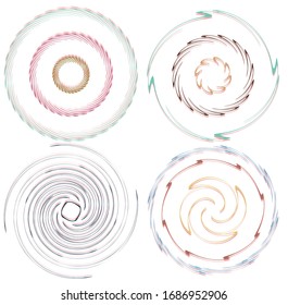 Darkish, dark set of spiral, twirl and swirl shapes. Volute, helix abstract design elements. Spire, sworl illustration