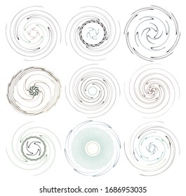 Darkish, dark set of spiral, twirl and swirl shapes. Volute, helix abstract design elements. Spire, sworl illustration